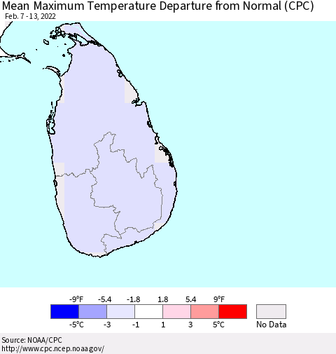 Sri Lanka Mean Maximum Temperature Departure from Normal (CPC) Thematic Map For 2/7/2022 - 2/13/2022