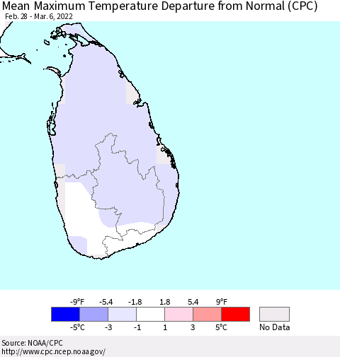 Sri Lanka Mean Maximum Temperature Departure from Normal (CPC) Thematic Map For 2/28/2022 - 3/6/2022