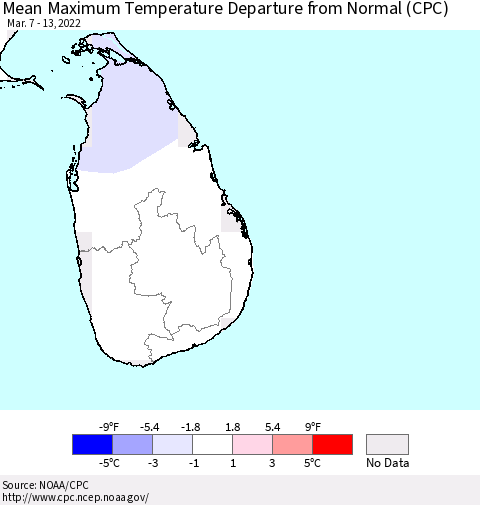 Sri Lanka Mean Maximum Temperature Departure from Normal (CPC) Thematic Map For 3/7/2022 - 3/13/2022