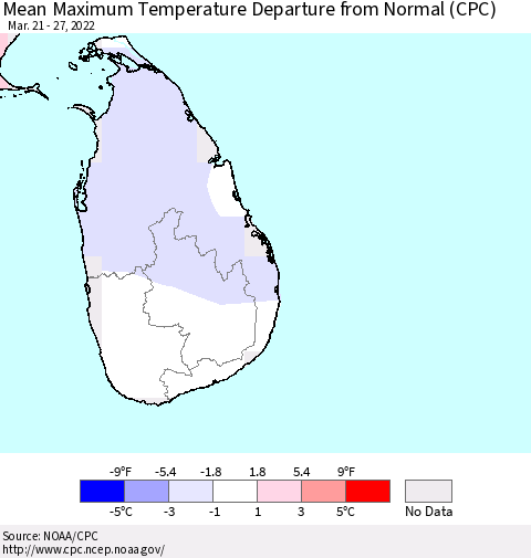 Sri Lanka Mean Maximum Temperature Departure from Normal (CPC) Thematic Map For 3/21/2022 - 3/27/2022