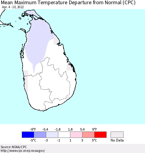 Sri Lanka Mean Maximum Temperature Departure from Normal (CPC) Thematic Map For 4/4/2022 - 4/10/2022