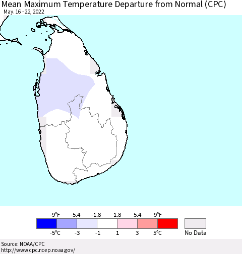 Sri Lanka Maximum Temperature Departure From Normal (CPC) Thematic Map For 5/16/2022 - 5/22/2022
