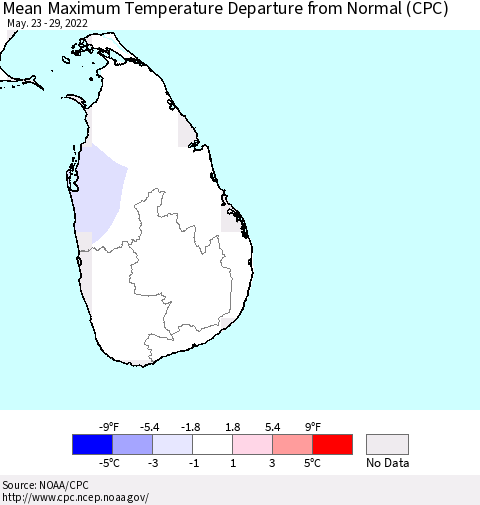 Sri Lanka Mean Maximum Temperature Departure from Normal (CPC) Thematic Map For 5/23/2022 - 5/29/2022