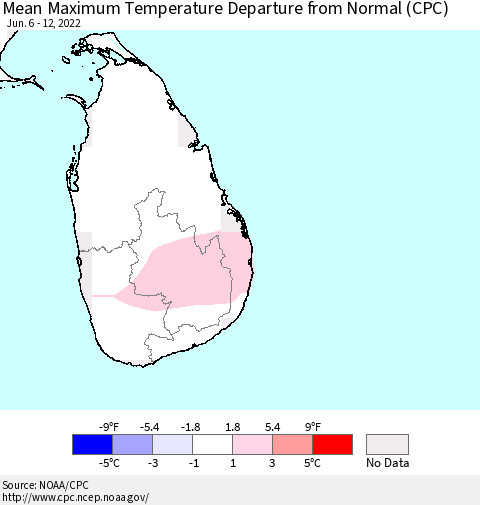 Sri Lanka Maximum Temperature Departure From Normal (CPC) Thematic Map For 6/6/2022 - 6/12/2022