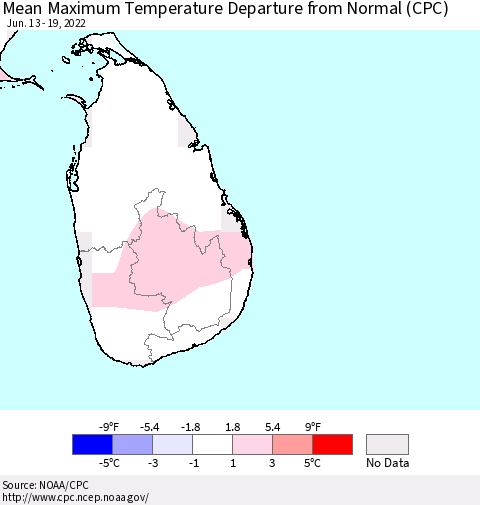 Sri Lanka Maximum Temperature Departure From Normal (CPC) Thematic Map For 6/13/2022 - 6/19/2022