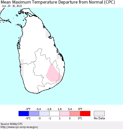 Sri Lanka Maximum Temperature Departure From Normal (CPC) Thematic Map For 6/20/2022 - 6/26/2022