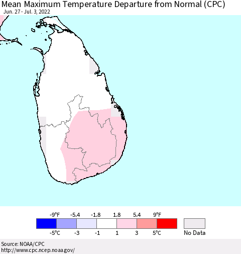 Sri Lanka Maximum Temperature Departure From Normal (CPC) Thematic Map For 6/27/2022 - 7/3/2022