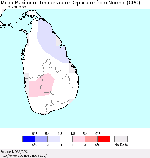 Sri Lanka Mean Maximum Temperature Departure from Normal (CPC) Thematic Map For 7/25/2022 - 7/31/2022