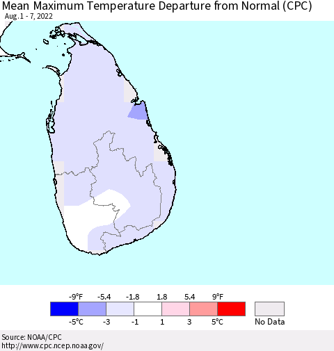 Sri Lanka Maximum Temperature Departure From Normal (CPC) Thematic Map For 8/1/2022 - 8/7/2022
