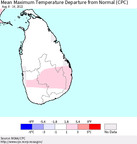 Sri Lanka Mean Maximum Temperature Departure from Normal (CPC) Thematic Map For 8/8/2022 - 8/14/2022