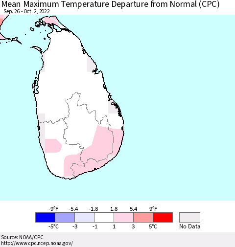 Sri Lanka Mean Maximum Temperature Departure from Normal (CPC) Thematic Map For 9/26/2022 - 10/2/2022