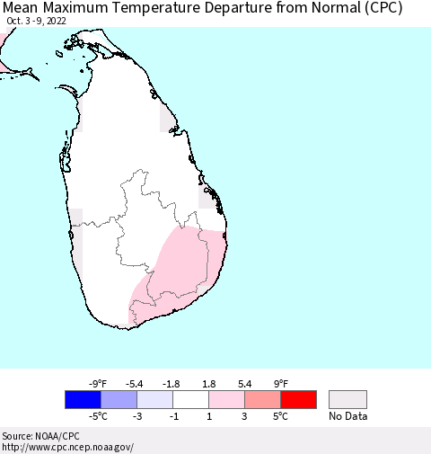 Sri Lanka Mean Maximum Temperature Departure from Normal (CPC) Thematic Map For 10/3/2022 - 10/9/2022