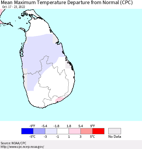 Sri Lanka Mean Maximum Temperature Departure from Normal (CPC) Thematic Map For 10/17/2022 - 10/23/2022