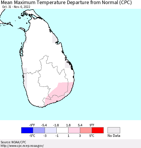 Sri Lanka Mean Maximum Temperature Departure from Normal (CPC) Thematic Map For 10/31/2022 - 11/6/2022