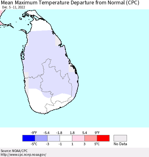 Sri Lanka Mean Maximum Temperature Departure from Normal (CPC) Thematic Map For 12/5/2022 - 12/11/2022