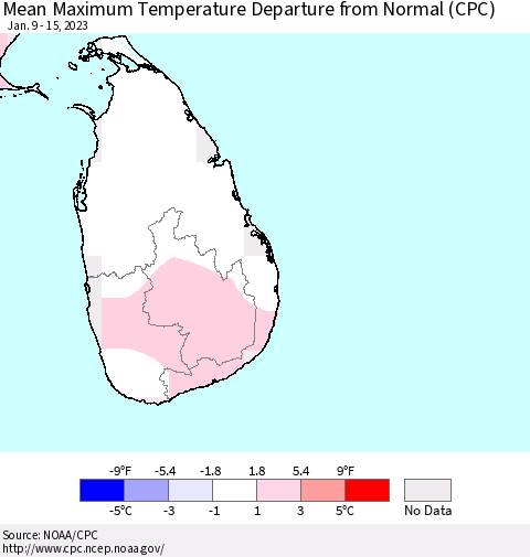 Sri Lanka Mean Maximum Temperature Departure from Normal (CPC) Thematic Map For 1/9/2023 - 1/15/2023
