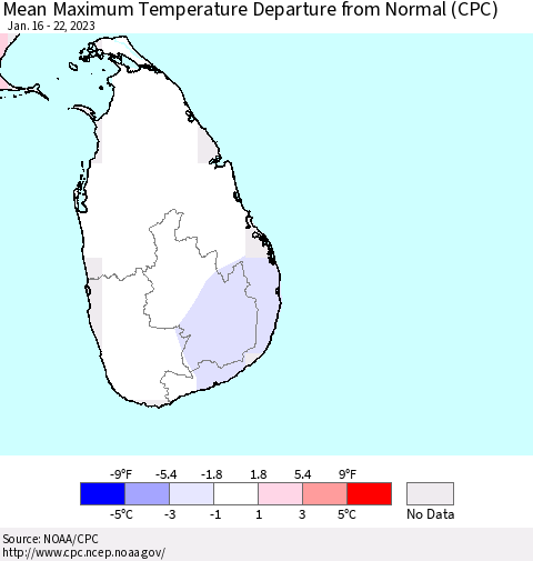 Sri Lanka Mean Maximum Temperature Departure from Normal (CPC) Thematic Map For 1/16/2023 - 1/22/2023