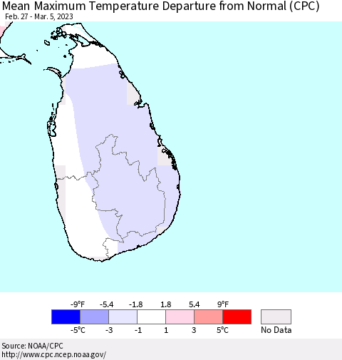 Sri Lanka Mean Maximum Temperature Departure from Normal (CPC) Thematic Map For 2/27/2023 - 3/5/2023