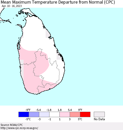 Sri Lanka Mean Maximum Temperature Departure from Normal (CPC) Thematic Map For 4/10/2023 - 4/16/2023