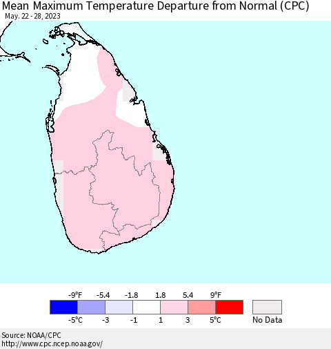 Sri Lanka Mean Maximum Temperature Departure from Normal (CPC) Thematic Map For 5/22/2023 - 5/28/2023