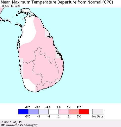 Sri Lanka Mean Maximum Temperature Departure from Normal (CPC) Thematic Map For 6/5/2023 - 6/11/2023