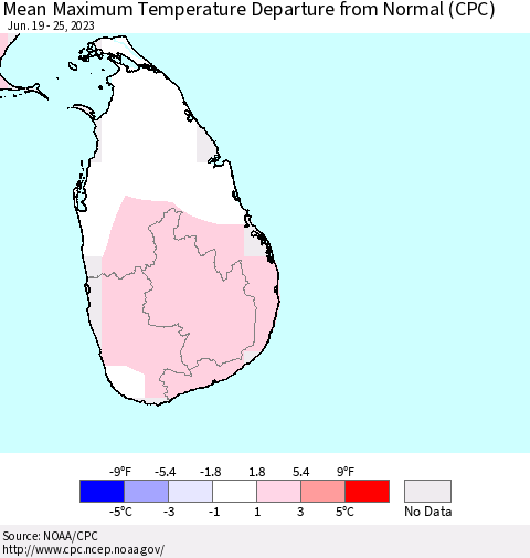 Sri Lanka Mean Maximum Temperature Departure from Normal (CPC) Thematic Map For 6/19/2023 - 6/25/2023