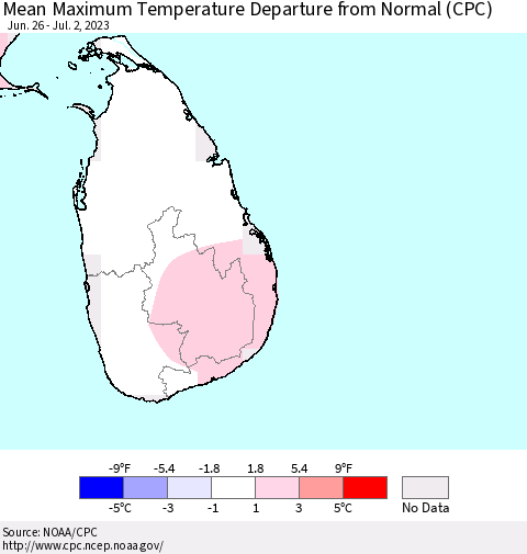 Sri Lanka Mean Maximum Temperature Departure from Normal (CPC) Thematic Map For 6/26/2023 - 7/2/2023