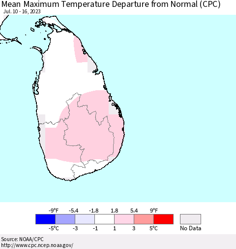 Sri Lanka Mean Maximum Temperature Departure from Normal (CPC) Thematic Map For 7/10/2023 - 7/16/2023