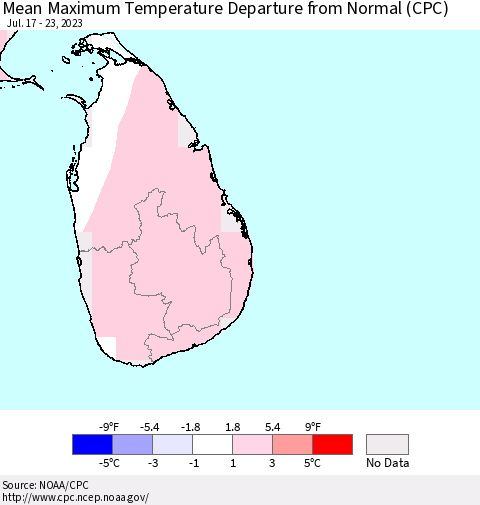 Sri Lanka Mean Maximum Temperature Departure from Normal (CPC) Thematic Map For 7/17/2023 - 7/23/2023