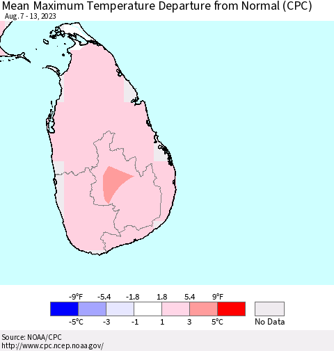 Sri Lanka Mean Maximum Temperature Departure from Normal (CPC) Thematic Map For 8/7/2023 - 8/13/2023