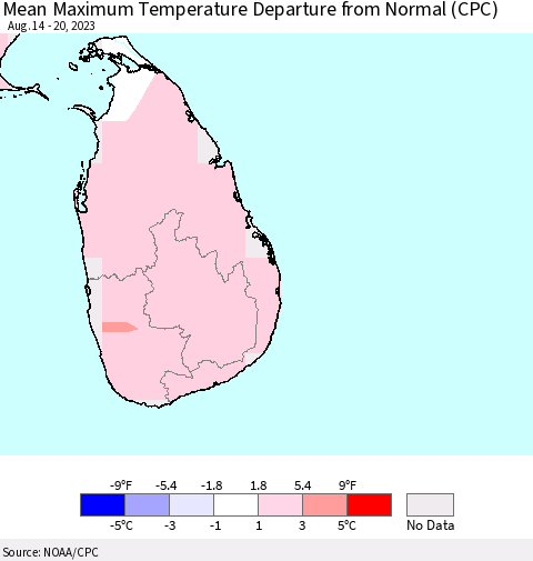 Sri Lanka Mean Maximum Temperature Departure from Normal (CPC) Thematic Map For 8/14/2023 - 8/20/2023