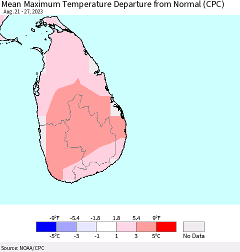 Sri Lanka Mean Maximum Temperature Departure from Normal (CPC) Thematic Map For 8/21/2023 - 8/27/2023