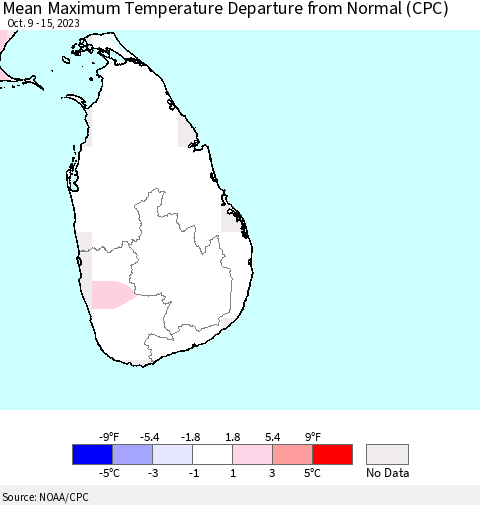 Sri Lanka Mean Maximum Temperature Departure from Normal (CPC) Thematic Map For 10/9/2023 - 10/15/2023