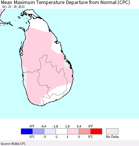 Sri Lanka Mean Maximum Temperature Departure from Normal (CPC) Thematic Map For 10/23/2023 - 10/29/2023
