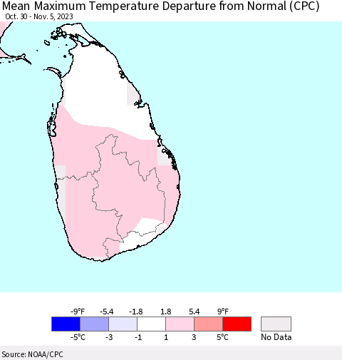 Sri Lanka Mean Maximum Temperature Departure from Normal (CPC) Thematic Map For 10/30/2023 - 11/5/2023