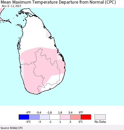 Sri Lanka Mean Maximum Temperature Departure from Normal (CPC) Thematic Map For 11/6/2023 - 11/12/2023