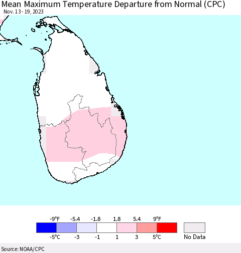 Sri Lanka Mean Maximum Temperature Departure from Normal (CPC) Thematic Map For 11/13/2023 - 11/19/2023