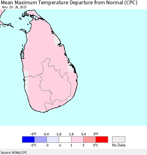 Sri Lanka Mean Maximum Temperature Departure from Normal (CPC) Thematic Map For 11/20/2023 - 11/26/2023