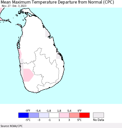 Sri Lanka Mean Maximum Temperature Departure from Normal (CPC) Thematic Map For 11/27/2023 - 12/3/2023