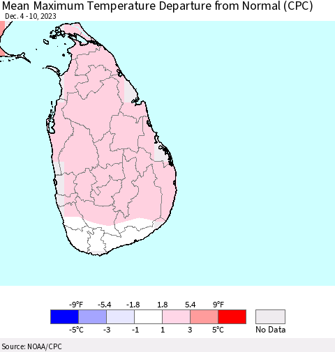 Sri Lanka Mean Maximum Temperature Departure from Normal (CPC) Thematic Map For 12/4/2023 - 12/10/2023