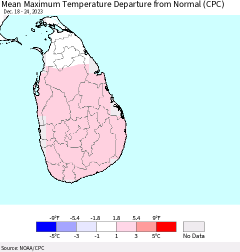 Sri Lanka Mean Maximum Temperature Departure from Normal (CPC) Thematic Map For 12/18/2023 - 12/24/2023