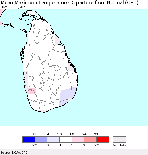 Sri Lanka Mean Maximum Temperature Departure from Normal (CPC) Thematic Map For 12/25/2023 - 12/31/2023