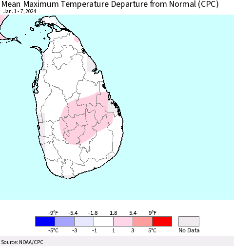 Sri Lanka Mean Maximum Temperature Departure from Normal (CPC) Thematic Map For 1/1/2024 - 1/7/2024