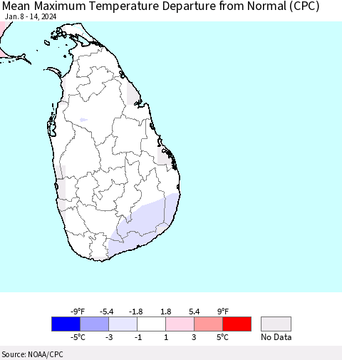 Sri Lanka Mean Maximum Temperature Departure from Normal (CPC) Thematic Map For 1/8/2024 - 1/14/2024