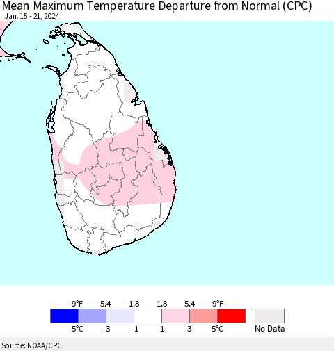 Sri Lanka Mean Maximum Temperature Departure from Normal (CPC) Thematic Map For 1/15/2024 - 1/21/2024