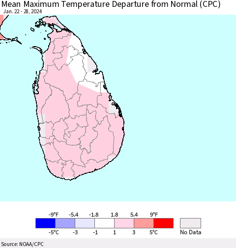 Sri Lanka Mean Maximum Temperature Departure from Normal (CPC) Thematic Map For 1/22/2024 - 1/28/2024