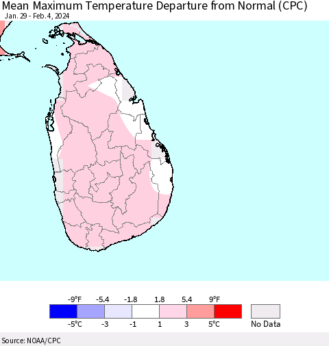 Sri Lanka Mean Maximum Temperature Departure from Normal (CPC) Thematic Map For 1/29/2024 - 2/4/2024