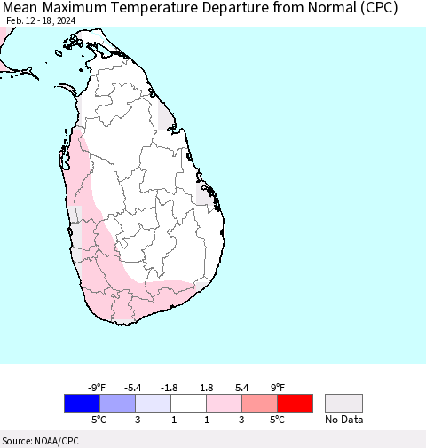 Sri Lanka Mean Maximum Temperature Departure from Normal (CPC) Thematic Map For 2/12/2024 - 2/18/2024