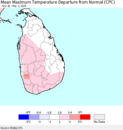 Sri Lanka Mean Maximum Temperature Departure from Normal (CPC) Thematic Map For 2/26/2024 - 3/3/2024