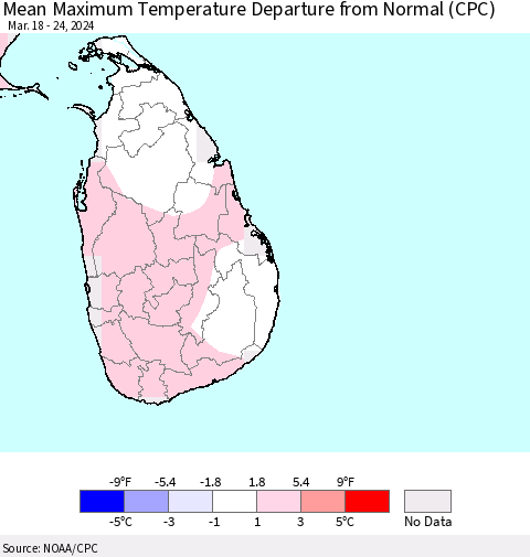 Sri Lanka Mean Maximum Temperature Departure from Normal (CPC) Thematic Map For 3/18/2024 - 3/24/2024